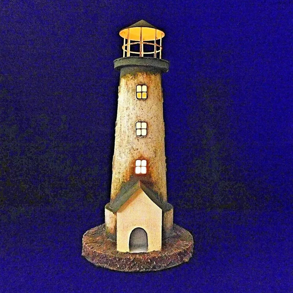 Large Painted Tin Lighthouse Votive Tealight Candle Holder 15" Beach Decor - Picture 2 of 11